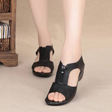 Niulatu New Women Sandals High Heel Wedges Leather Shoes Woman Solid Casual Zip Platform Sandals Plus Size 35-41 Ladies Shoes DJSE