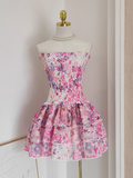 Niulatu A line Strapless Sleeveless Pink Floral Cocktail Dress Short Birthday Outfits SD388