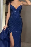 Sparkly Spaghetti Strap Sleeveless Mermaid Split Long Prom Dress With High Split Formal Dress HZ1214