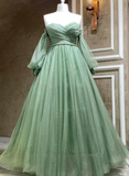 Niulatu Green Tulle Puffy Sleeves Formal Dresses A Line Green Long Evening Gown HZ1007