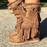 Niulatu Boots Woman Pleated Tassel Mid-calf Boots Womens Sewing Footwear Buckle Leather High Heels Shoes Female Plus Size Zip DJSE