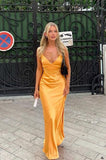 Straps Yellow Soft Satin Fitted Long Party HZ0308