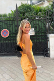 Straps Yellow Soft Satin Fitted Long Party HZ0308