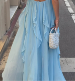Niulatu A Line Halter Blue Chiffon Backless Long Evening Dress Prom Dresses SD1660