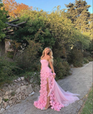 Niulatu Pink Strapless High Slit Flower Prom Dress HZ0113
