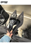 Niulatu Women Free Shipping Spring New Slingback Matal Buckle Ladies Elegant Med Heel Brand Pointed Toe Slip On Stiletto Shoes DJSE
