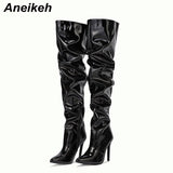 Niulatu Female Women Shoes Heels Fashion Solid Patent Leather Over The Knee Chelsea Boots Sexy Thin High Heel Side Zippers DJSE