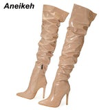 Niulatu Female Women Shoes Heels Fashion Solid Patent Leather Over The Knee Chelsea Boots Sexy Thin High Heel Side Zippers DJSE