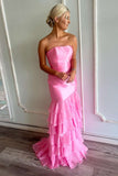 Strapless Pink Fitted Ruffle Long Party HZ0308