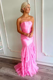 Strapless Pink Fitted Ruffle Long Party HZ0308