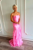 Strapless Pink Fitted Ruffle Long Party HZ0308