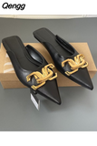 Niulatu Women's Pointed Toe Slippers Flat Heel Metal Trim Indoor Sandals Summer Outdoor Flip-Flops Metal Chain Dress Shoes DJSE