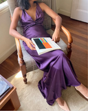 Niulatu A-Line V Neckline Grape Satin Long Prom Dresses Formal Evening Dress SD1389