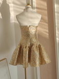 Niulatu Ball Gown Strapless Travel Vacation Dresses Short Satin Gold Birthday Dress SD321