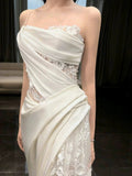 Niulatu White Mermaid One Shoulder Satin Lace Pleats Wedding Dress SD1738