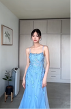 Niulatu Blue Tulle Appliques Mermaid Evening Dress Long Prom Dress HZ1007