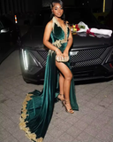 Niulatu Green Velvet Prom Evening Dress Gold Applique Beaded Slit Black Girl Birthday Gown HZ1007