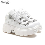 Niulatu Women's New Rock Shoes Gothic Chunky Platform Ankle Boots Punk Style Heels Height 6CM Sneakers Lace-up PU Metal Decor DJSE
