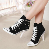 Niulatu Women Canvas Shoes Denim High Heels Black Rivets Shoes Fashion Shoe Laces Sneakers Women Short Boots DJSE
