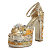 Niulatu Women's Sexy Embroidery Wedding Sandals Thick High Heel Platform Fish Mouth Pumps Gemstone Rivet Party Shoes Red Big Size DJSE