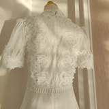 Niulatu A line High Neckline Short Sleeves Lace White Party Dress Chiffon Holiday Dresses SD348