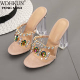 Niulatu Fashion Crystal Diamond Slides Clear PVC Transparent Slippers Women Shoes Peep Toe High Heels Mules Dress Pumps DJSE