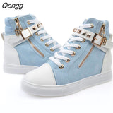 Niulatu High Top Black White Boots Shoes Women Casual Platform Vulcanized Flats Shoes PU Leather Sneakers Zapato Mujer DJSE