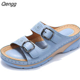Niulatu Women Closed Toe Summer Shoes 2025 New Comfort Double Buckle Wedge Ladies Sandals Plus Size Platform Casual Slippers Women DJSE