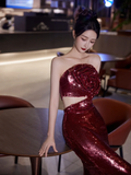 Niulatu Strapless Sequin Rose Flowers Prom Dress Mermaid Long Evening Dress HZ1007