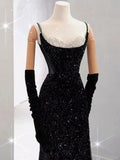 Niulatu Mermaid Spaghetti Straps Black Sequin Long Prom Dresses Party Dress With Beads HZ1110