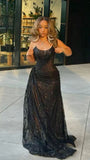 Niulatu Black Lace Sequin Slit Long Prom Dress Mermaid Evening Dress HZ0113