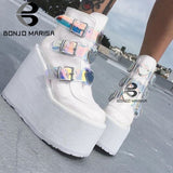 Niulatu Dropshipping INS Hot Brand High Platform Ankle Boots Women 2025 Fashion PVC Strap Decorating High Wedges Shoes Woman DJSE