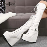Niulatu Size 35-43 Ladies Wedges High Heels Knee High Boots Cross Tied High Platform Boots Women Party Sexy Shoes Woman DJSE