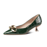 Niulatu Women Shoes Pumps All-match Low Kitten Heel Pointed Toe Metal Chain Woman Pumps OL Black Soft Leather Work Dress Shoes DJSE