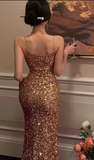 Niulatu Sequins Slit Midi Prom Dress Gold Evening Dress HZ1007