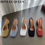 Niulatu Women Shoes Slingbacks Thick Heel Sandals Elegant Pumps For Party Wedding Shoe Square Toe Sandal Slip On Mule Shoe Mujer DJSE