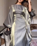 Niulatu Satin Long Formal Evening Dress Long Sleeves Prom Dress With Feathers HZ1007