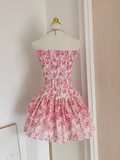 Niulatu A line Strapless Sleeveless Pink Floral Party Dress Short Birthday Outfits SD381