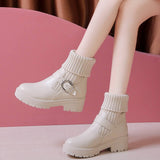 Niulatu Women Shoes 2025 Winter Fashion Knitting Booties Women Belt Buckle Plus Velvet Platform Boots British Style Martin Botas DJSE