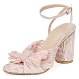 Niulatu Women Sandals New Brand Summer Shoes Pleated Bow-Knot Round Heels Open Toe Dress Shoes Big Size Party Wedding Shoes DJSE