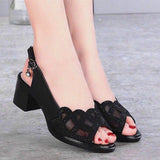 Niulatu Women's Sandals Summer Mesh Fish Mouth Chunky Heel Semi-High Heeled Hollow Out Soft Bottom Mom Shoes Zapatos Para Mujer DJSE