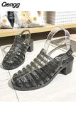 Niulatu Women's Jelly Sandals Woman Summer Hollow Out Shoes Women Buckle Mid Heels Ladies Footwear Female Outside Beach Slides DJSE