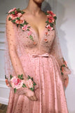 Niulatu Flowers Long Sleeve Pink Prom Dresses Pearl Beaded V Neck Formal Dress HZ0113