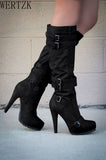 Niulatu Women Platform Buckle Knee High Boots Women's Zip Pumps Autumn Winter Ladies Super High Heels Female Solid Punk Shoes Big Size DJSE