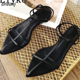Niulatu Style Flat With Gladiator Beach Sandals Ladies Casual Pointed Toe Ankle Buckle Strap Summer Shoes Women Black White DJSE