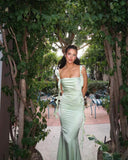 Niulatu Sheath Straps Sage Green Long Prom Dresses Evening Dress With Ruffles HZ1110