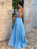 Niulatu Blue Halter Spaghetti Strap A-line Long Prom Dress Backless Evening Dress HZ1007