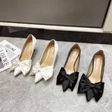 Niulatu Women Pumps Pointed Toe Satin Bow Design Shallow Slip On Thin High Heels Black White Elegant Pumps Wedding Shoes DJSE