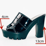 Niulatu 32-43 High Heels Slippers Women Platform Shoes Summer 2025 Block Heel Patent Leather Slides Ladies Slippers for Office DJSE