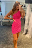 Niulatu Shoulder Hot Pink Sequins Tight Party Dress HZ0113